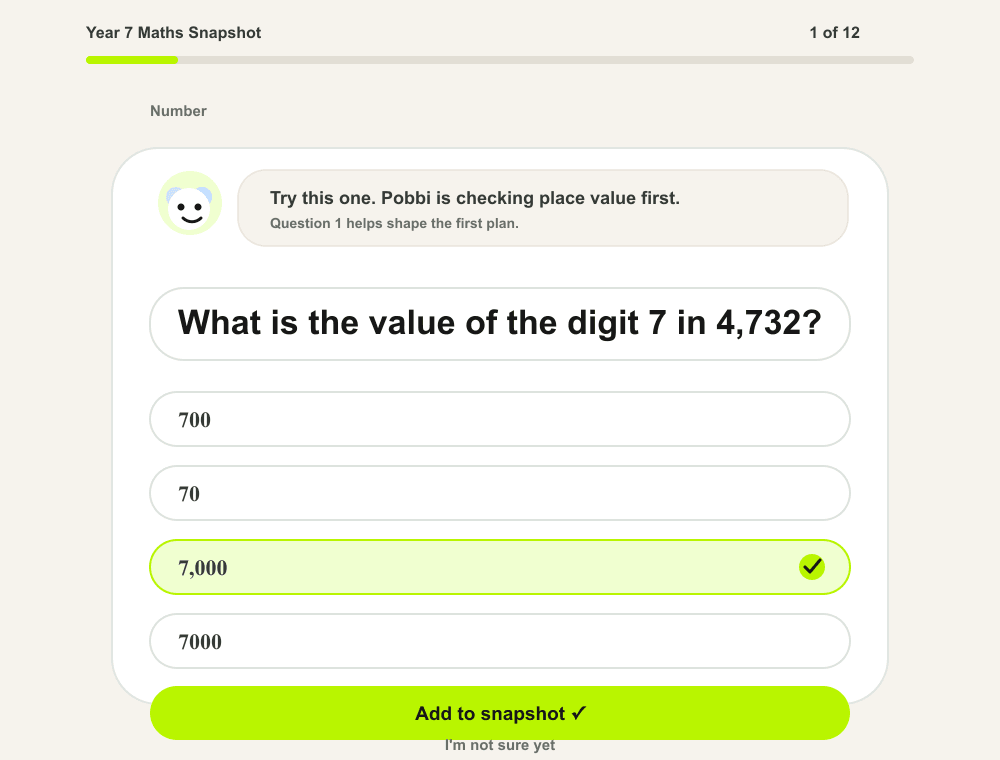Starting level. A starting point informed by answers as well as school year.